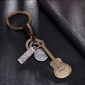 Leather Keychain Keyring Guitar Pendant