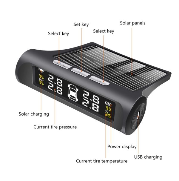 TPMS Tire Pressure Monitor System Alarm 4 Internal Sensor Temperature Gauge Meter Car Solar Power - Image 2