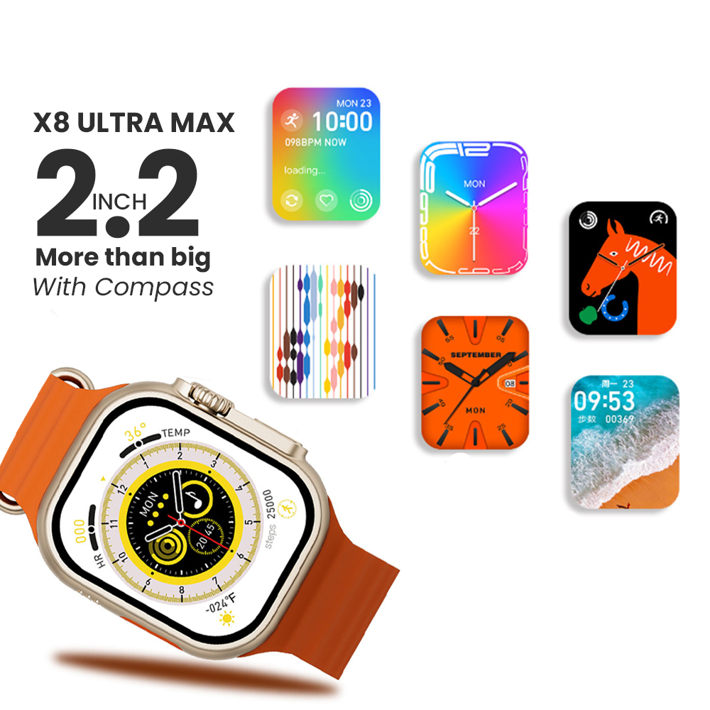 2.2 Inch X8 Ultra MAX With COMPASS Smart Watch Series 8 Nfc Always-On Display & Wireless Charging Orange