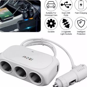 3 Way Universal Car Cigarette Lighter Socket Splitter LED Dual USB Charger Power Adapter White