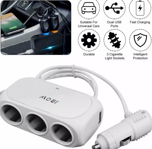 3 Way Universal Car Cigarette Lighter Socket Splitter LED Dual USB Charger Power Adapter White