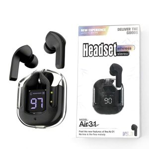 AIR 31 TWS ORIGINAL WITH BIG PACKING TRANSPARENT EARBUDS BLUETOOTH 5.3V Black